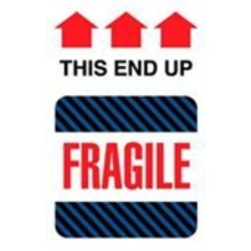 #DL1550  4 x 6"  Fragile This End Up (Black-Blue Stripes/Arrows) Label